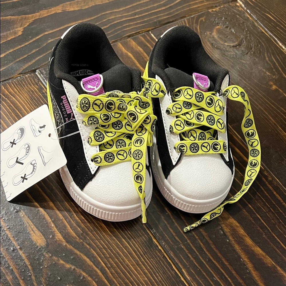 Puma Hot Wheels Kids Suede Sneakers - Black, White, and Yellow